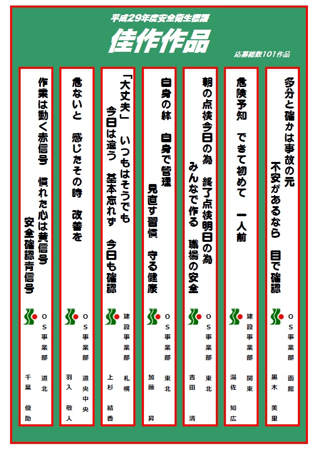 平成29年セイショウ安全衛生標語 発表 お知らせ 北海道札幌市 人材派遣と建設のプロ セイショウ